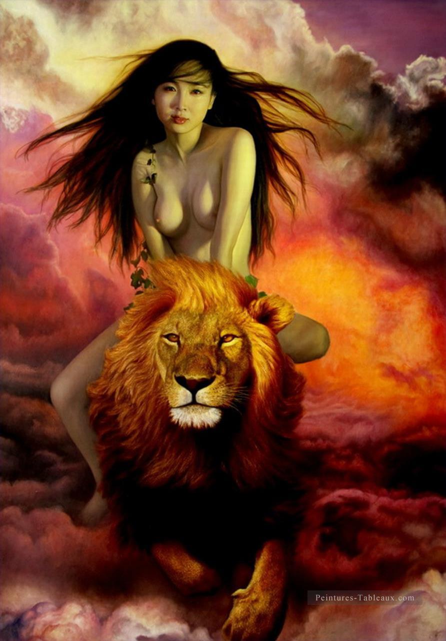 Lion d’équitation sous les nuages ​​rouges chinois fille nue Peintures à l'huile